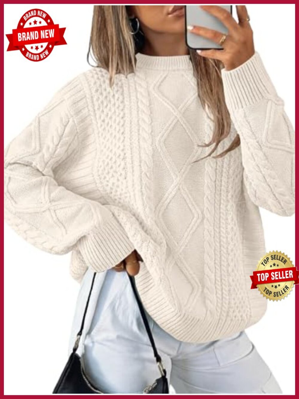 Oversized Cable Knit Pullover Sweater Crewneck Long Sleeve